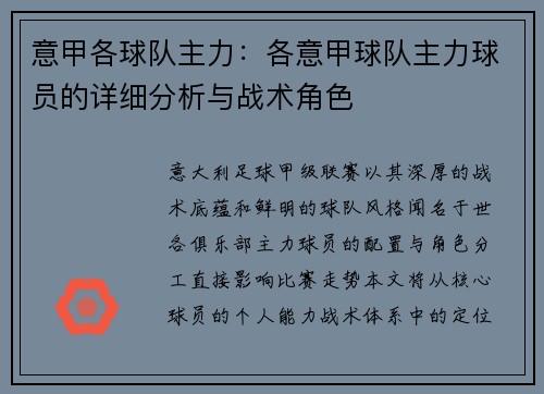 意甲各球队主力：各意甲球队主力球员的详细分析与战术角色