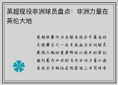 英超现役非洲球员盘点：非洲力量在英伦大地